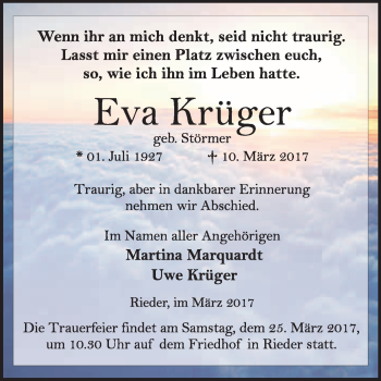 Traueranzeige von Eva Krüger von Super Sonntag Quedlinburg