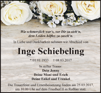 Traueranzeige von Inge Schiebeling von Mitteldeutsche Zeitung Dessau-Roßlau