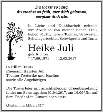 Traueranzeige von Heike Juli von Mitteldeutsche Zeitung Bernburg