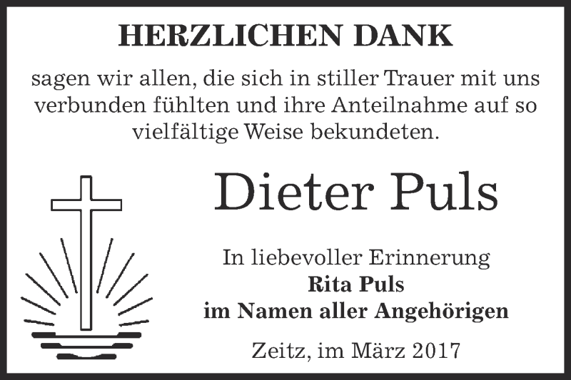  Traueranzeige für Dieter Puls vom 11.03.2017 aus Super Sonntag Zeitz