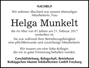 Traueranzeige von Helga Munkelt von Mitteldeutsche Zeitung Naumburg/Nebra
