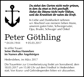 Traueranzeige von Peter Göthling von Mitteldeutsche Zeitung Mansfelder Land