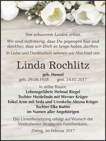 Traueranzeige von Linda Rochlitz von WVG - Wochenspiegel Bitterfeld