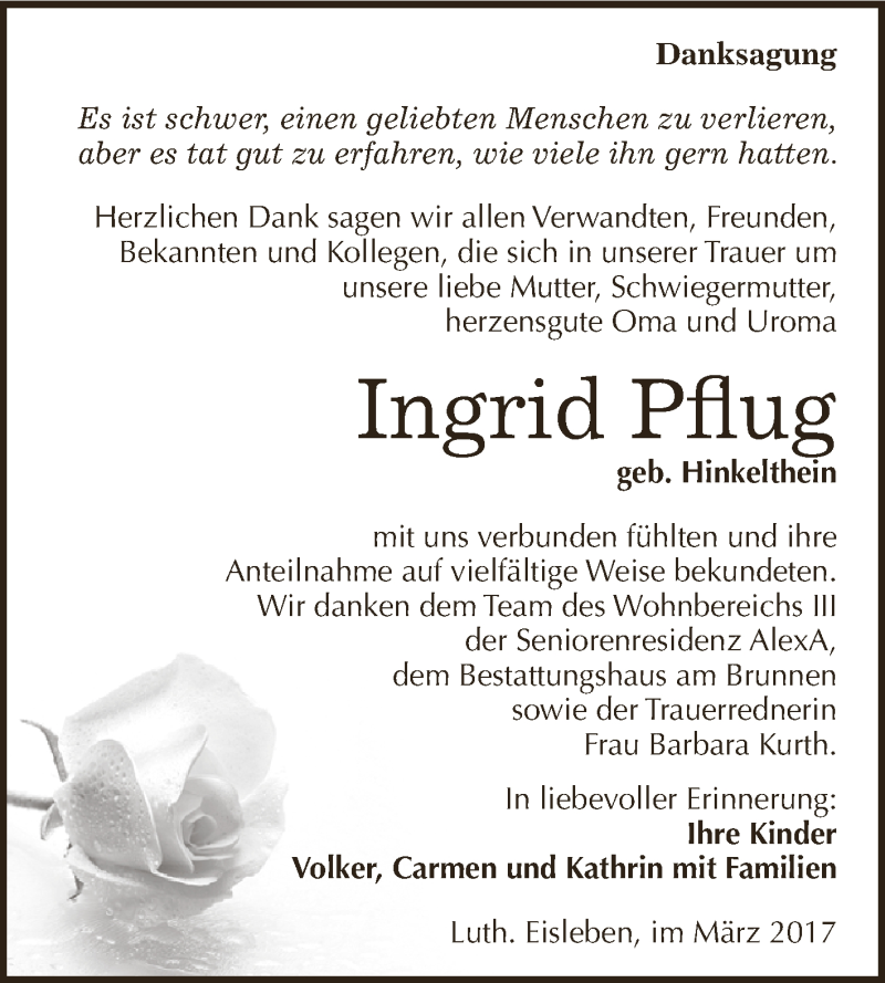  Traueranzeige für Ingrid Pflug vom 15.03.2017 aus Super Sonntag SGH Mansf. Land