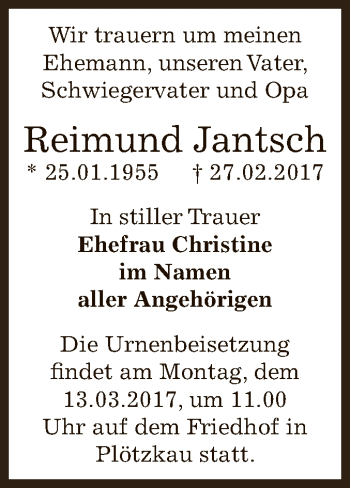 Traueranzeige von Reimund Jantsch von Super Sonntag Bernburg