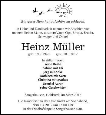 Traueranzeige von Heinz Müller von Mitteldeutsche Zeitung Sangerhausen