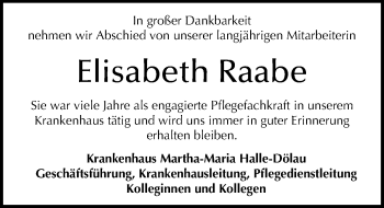 Traueranzeige von Elisabeth Raabe von Mitteldeutsche Zeitung Halle/Saalkreis