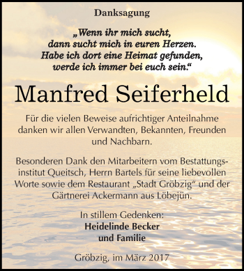 Traueranzeige von Manfred Seiferheld von WVG - Wochenspiegel Dessau / Köthen