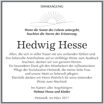 Traueranzeige von Hedwig Hesse von Super Sonntag SGH Mansf. Land