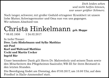 Traueranzeige von Christa Hinkelmann von Mitteldeutsche Zeitung