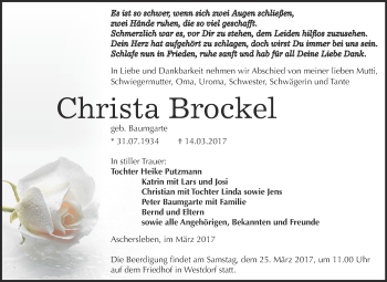 Traueranzeige von Christa Brockel von Super Sonntag SGH Mansf. Land