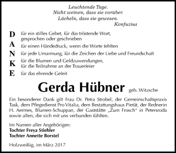 Traueranzeige von Gerda Hübner von Mitteldeutsche Zeitung Bitterfeld