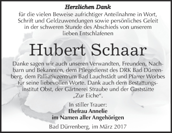 Traueranzeige von Hubert Schaar von Super Sonntag Halle