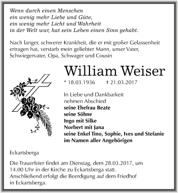 Traueranzeige von William Weiser von Mitteldeutsche Zeitung Naumburg/Nebra