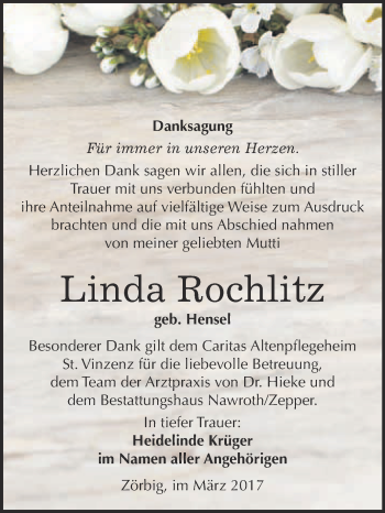 Traueranzeige von Linda Rochlitz von WVG - Wochenspiegel Bitterfeld