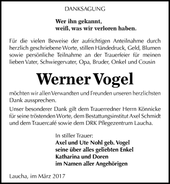 Traueranzeige von Werner Vogel von Mitteldeutsche Zeitung Naumburg/Nebra