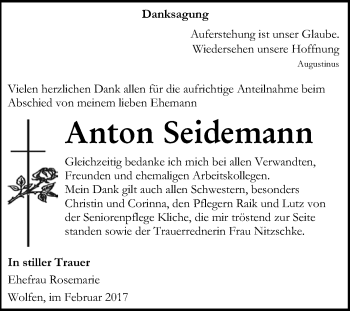 Traueranzeige von Anton Seidemann von WVG - Wochenspiegel Bitterfeld