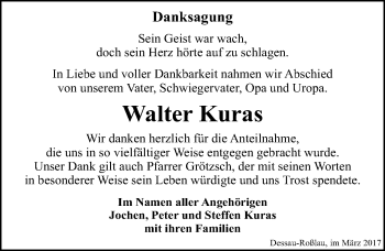 Traueranzeige von Walter Kuras von Mitteldeutsche Zeitung Dessau-Roßlau