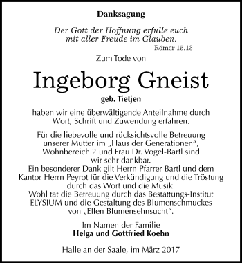 Traueranzeige von Ingeborg Gneist von Mitteldeutsche Zeitung Halle/Saalkreis