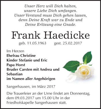 Traueranzeige von Frank Haedicke von Mitteldeutsche Zeitung Sangerhausen