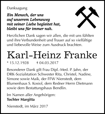 Traueranzeige von Karl-Heinz Franke von Mitteldeutsche Zeitung Sangerhausen