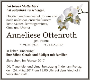 Traueranzeige von Anneliese Ottenroth von Super Sonntag SGH Mansf. Land