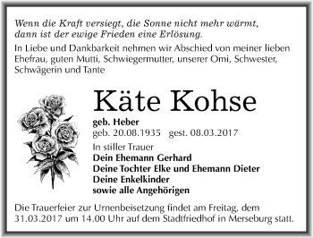 Traueranzeige von Käte Kohse von Mitteldeutsche Zeitung Merseburg/Querfurt