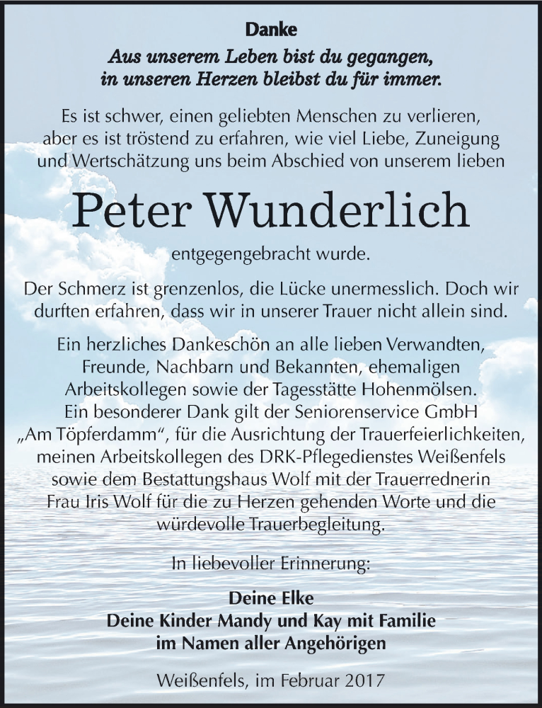  Traueranzeige für Peter Wunderlich vom 11.03.2017 aus Mitteldeutsche Zeitung Weißenfels