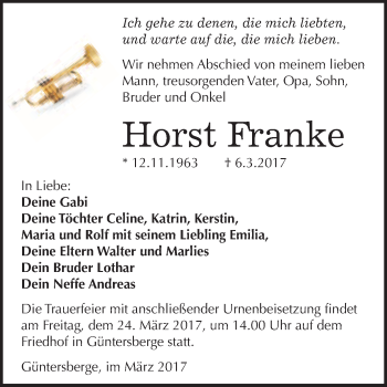 Traueranzeige von Horst Franke von Super Sonntag Quedlinburg