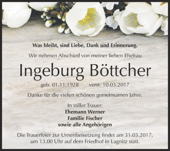 Traueranzeige von Ingeburg Böttcher von WVG - Wochenspiegel NMB / WSF / ZTZ
