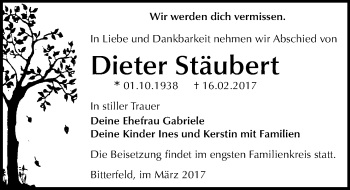 Traueranzeige von Dieter Stäubert von Mitteldeutsche Zeitung Bitterfeld
