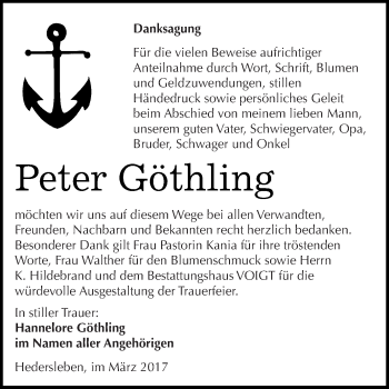 Traueranzeige von Peter Göthling von Super Sonntag SGH Mansf. Land