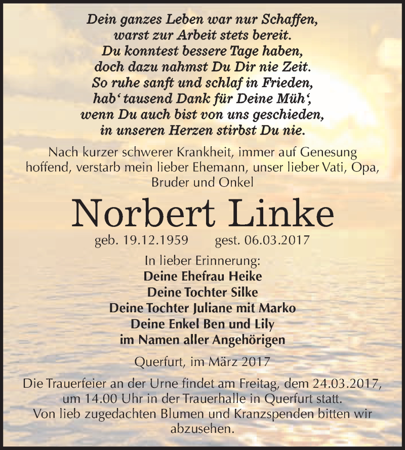 Traueranzeige für Norbert Linke vom 15.03.2017 aus Super Sonntag Halle