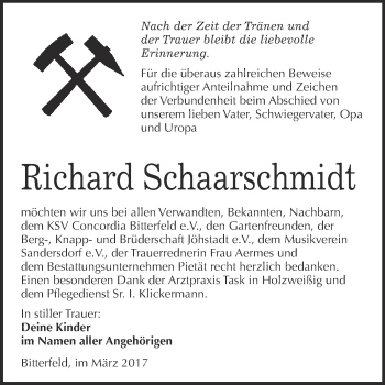 Traueranzeige von Richard Schaarschmidt von WVG - Wochenspiegel Bitterfeld