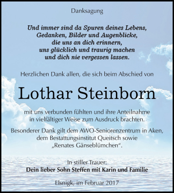 Traueranzeige von Lothar Steinborn von WVG - Wochenspiegel Dessau / Köthen