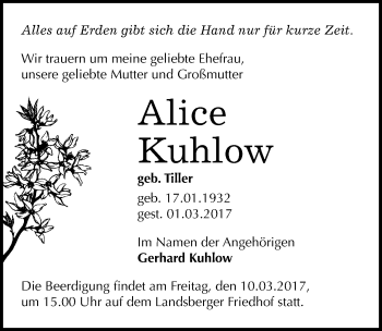 Traueranzeige von Alice Kuhlow von Mitteldeutsche Zeitung Halle/Saalkreis