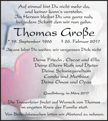 Traueranzeige von Thomas Große von Super Sonntag Quedlinburg