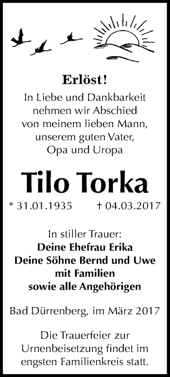 Traueranzeige von Tilo Torka von Mitteldeutsche Zeitung Merseburg/Querfurt