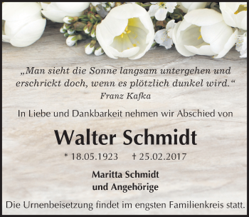Traueranzeige von Walter Schmidt von Mitteldeutsche Zeitung Mansfelder Land
