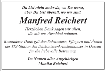 Traueranzeige von Manfred Reichert von WVG - Wochenspiegel Dessau / Köthen