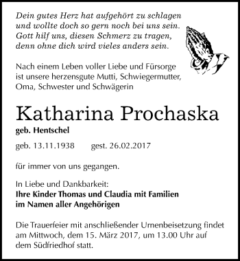 Traueranzeige von Katharina Prochaska von Mitteldeutsche Zeitung Halle/Saalkreis
