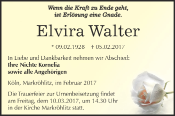 Traueranzeige von Elvira Walter von WVG - Wochenspiegel NMB / WSF / ZTZ