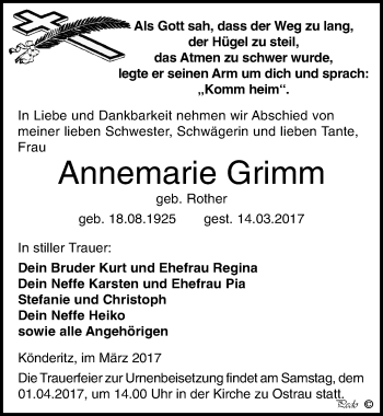 Traueranzeige von Annemarie Grimm von Mitteldeutsche Zeitung Zeitz