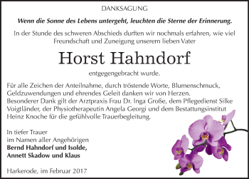 Traueranzeige von Horst Hahndorf von Mitteldeutsche Zeitung Mansfelder Land
