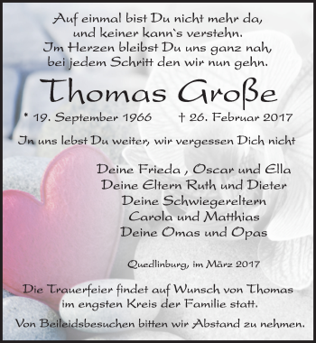 Traueranzeige von Thomas Große von Mitteldeutsche Zeitung Quedlinburg