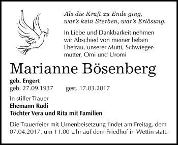 Traueranzeige von Marianne Bösenberg von Mitteldeutsche Zeitung Halle/Saalkreis