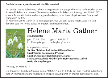 Traueranzeige von Helene Maria Gaßner von Mitteldeutsche Zeitung Naumburg/Nebra
