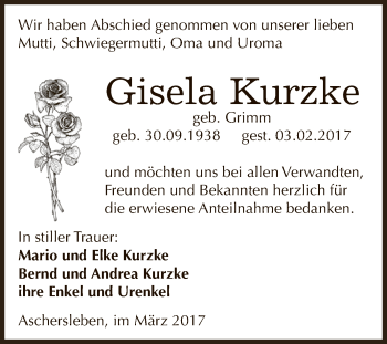 Traueranzeige von Gisela Kurzke von Super Sonntag SGH Mansf. Land