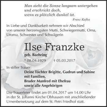 Traueranzeige von Ilse Franzke von Super Sonntag Halle