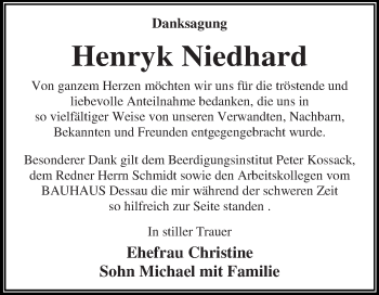 Traueranzeige von Henryk Niedhard von WVG - Wochenspiegel Dessau / Köthen